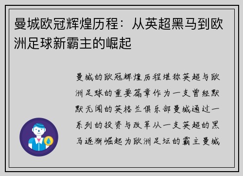 曼城欧冠辉煌历程：从英超黑马到欧洲足球新霸主的崛起