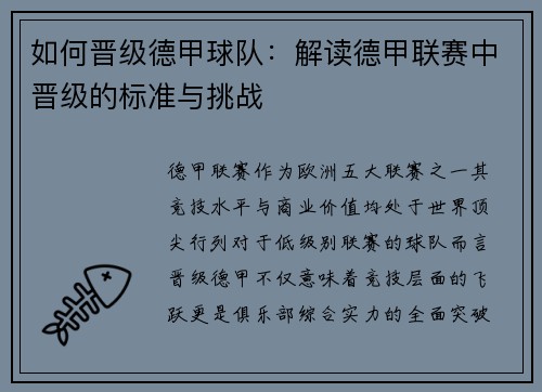 如何晋级德甲球队：解读德甲联赛中晋级的标准与挑战